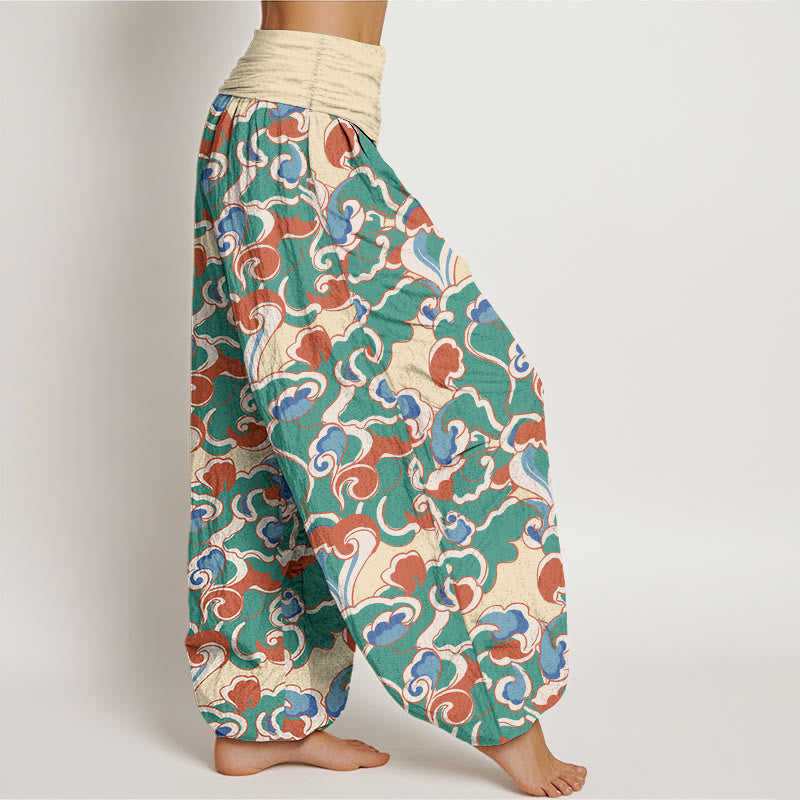 Pantalon harem à taille élastique froncée en pur coton avec motif petits nuages ​​et Buddha Stones - image 2