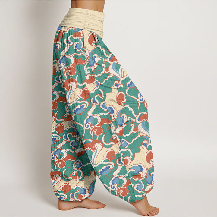 Pantalon harem à taille élastique froncée en pur coton avec motif petits nuages ​​et Buddha Stones - image 2