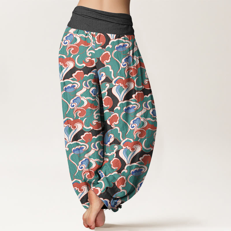 Pantalon harem à taille élastique froncée en pur coton avec motif petits nuages ​​et Buddha Stones - image 6