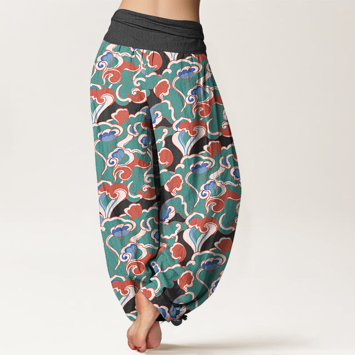 Pantalon harem à taille élastique froncée en pur coton avec motif petits nuages ​​et Buddha Stones - image 6