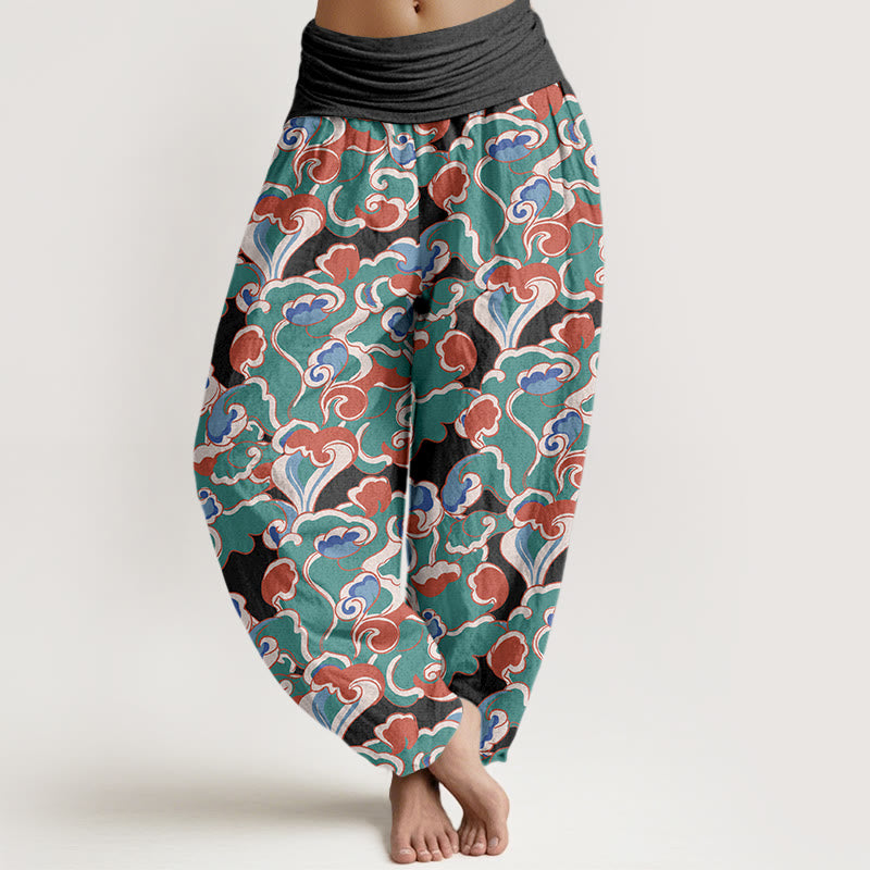 Pantalon harem à taille élastique froncée en pur coton avec motif petits nuages ​​et Buddha Stones - Noir - US16，UK/AU20，EU48 (3XL) - image 5