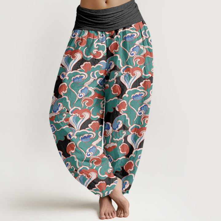 Pantalon harem à taille élastique froncée en pur coton avec motif petits nuages ​​et Buddha Stones - Noir - US16，UK/AU20，EU48 (3XL) - image 5