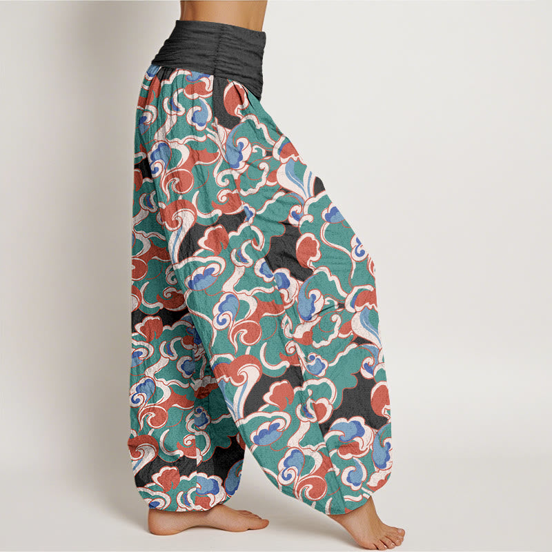 Pantalon harem à taille élastique froncée en pur coton avec motif petits nuages ​​et Buddha Stones - image 7