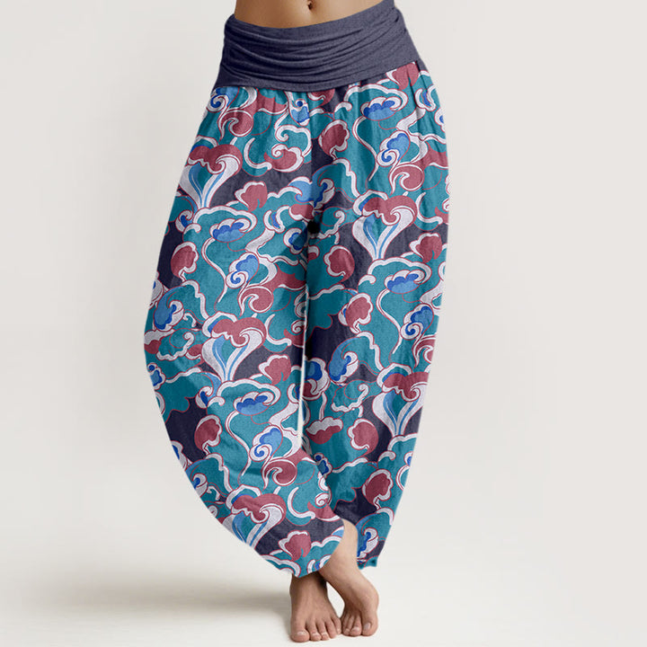 Pantalon harem à taille élastique froncée en pur coton avec motif petits nuages ​​et Buddha Stones - Gris - US16，UK/AU20，EU48 (3XL) - image 8