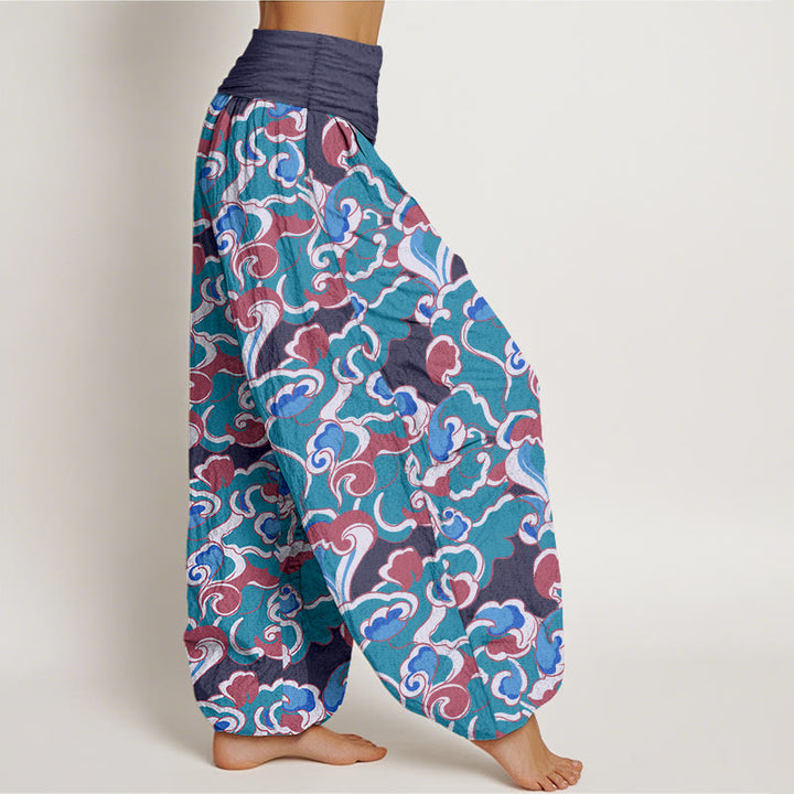 Pantalon harem à taille élastique froncée en pur coton avec motif petits nuages ​​et Buddha Stones - image 10