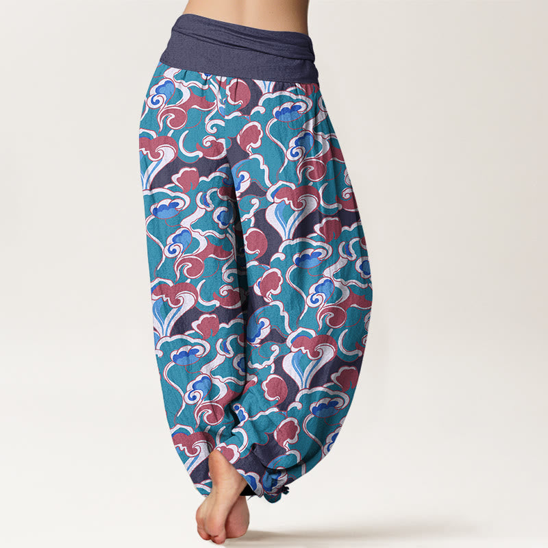 Pantalon harem à taille élastique froncée en pur coton avec motif petits nuages ​​et Buddha Stones - image 9