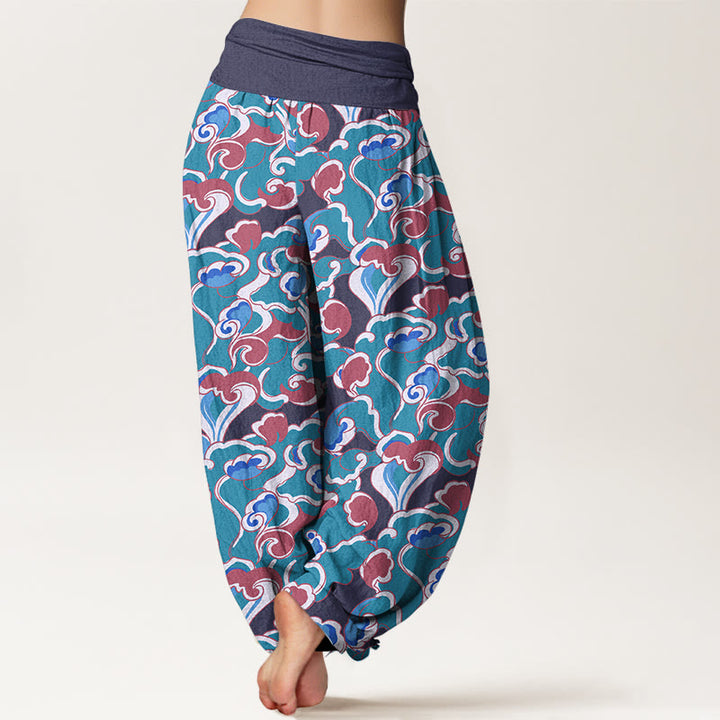 Pantalon harem à taille élastique froncée en pur coton avec motif petits nuages ​​et Buddha Stones - image 9