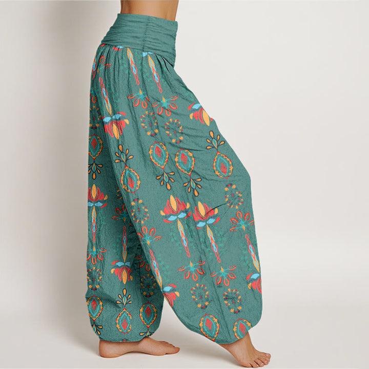 Pantalon harem géométrique en pur coton avec motif de Buddha Stones, fleurs de lotus colorées et feuilles vertes. - image 2