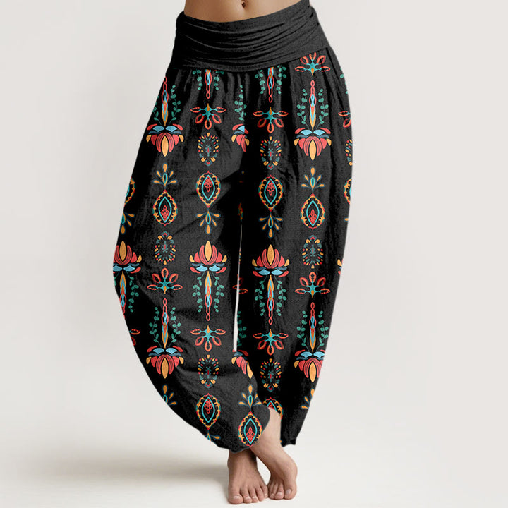 Pantalon harem géométrique en pur coton avec motif de Buddha Stones, fleurs de lotus colorées et feuilles vertes. - Noir - US16，UK/AU20，EU48 (3XL) - image 5