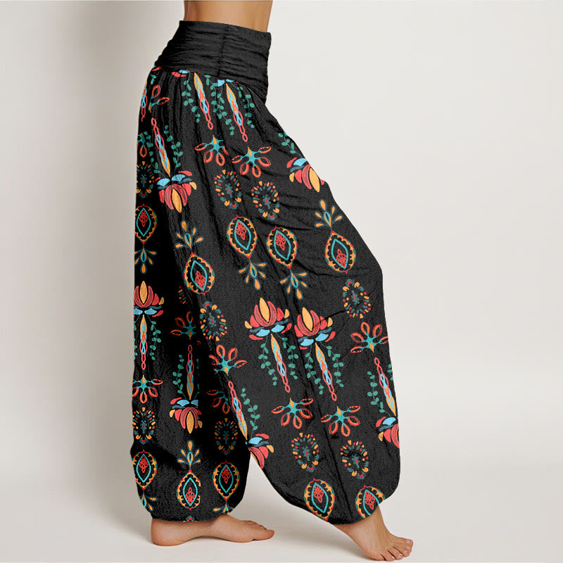 Pantalon harem géométrique en pur coton avec motif de Buddha Stones, fleurs de lotus colorées et feuilles vertes. - image 7