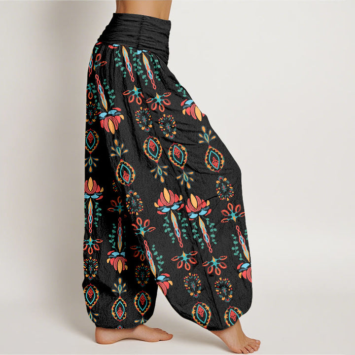 Pantalon harem géométrique en pur coton avec motif de Buddha Stones, fleurs de lotus colorées et feuilles vertes. - image 7