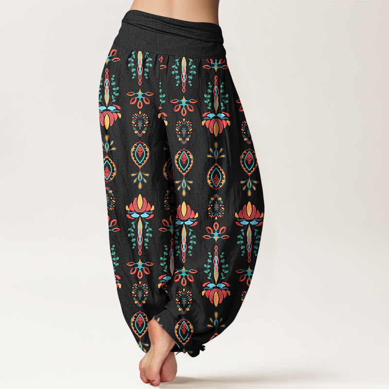 Pantalon harem géométrique en pur coton avec motif de Buddha Stones, fleurs de lotus colorées et feuilles vertes. - image 6
