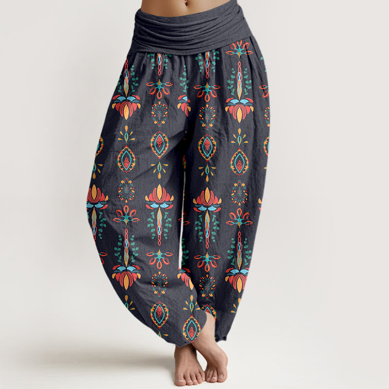 Pantalon harem géométrique en pur coton avec motif de Buddha Stones, fleurs de lotus colorées et feuilles vertes. - Gris - US16，UK/AU20，EU48 (3XL) - image 8