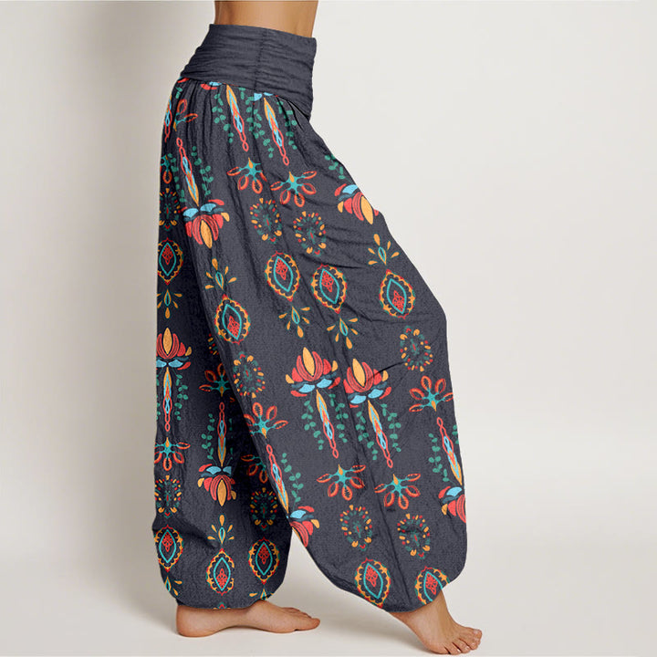 Pantalon harem géométrique en pur coton avec motif de Buddha Stones, fleurs de lotus colorées et feuilles vertes. - image 10