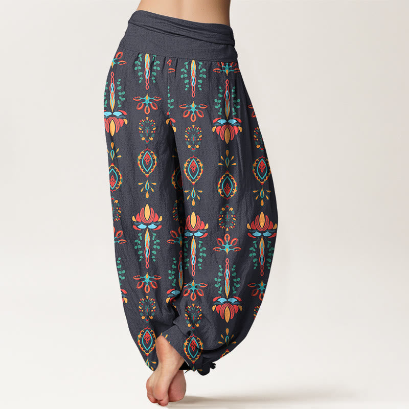 Pantalon harem géométrique en pur coton avec motif de Buddha Stones, fleurs de lotus colorées et feuilles vertes. - image 9