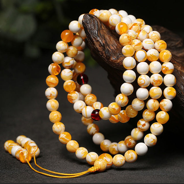 Mala en ambre tibétain blanc et jaune de 108 Buddha Stones - image 2