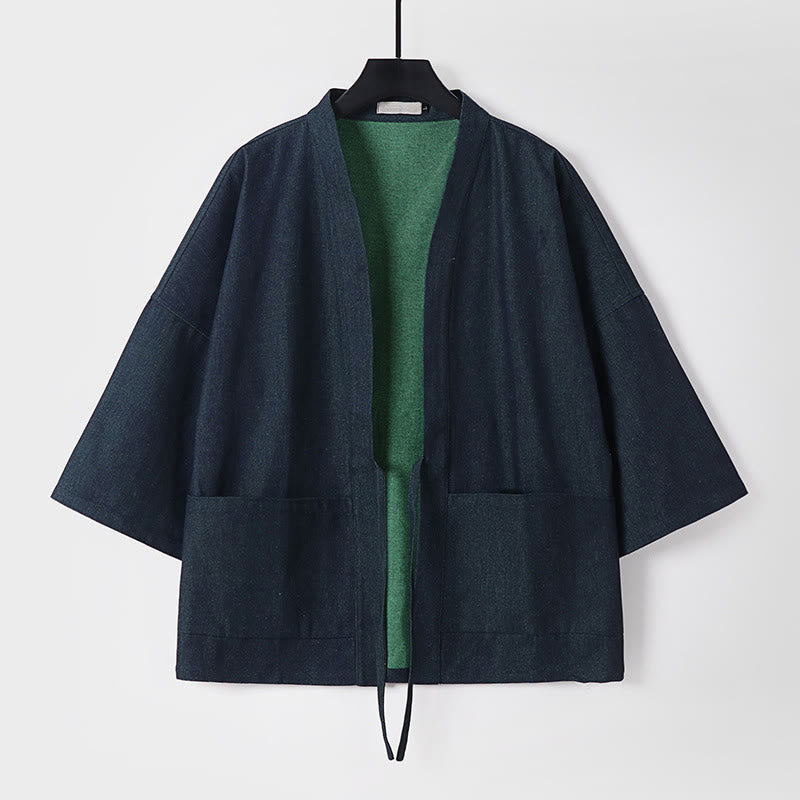 Veste kimono en denim et coton pour homme, à lacets, manches trois-quarts, motif Buddha Stones. - Noir - US/UK/AU54，EU64 (9XL) - image 0