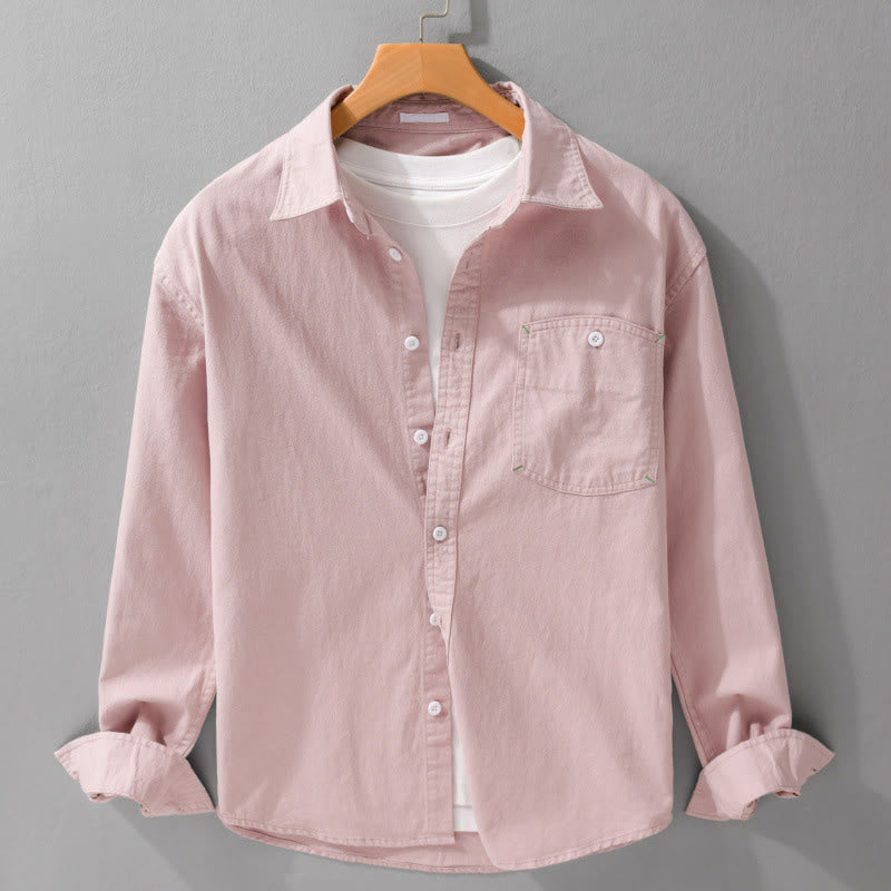 Chemise homme en coton à manches longues et col montant, ornée de boutons en forme de Buddha Stones et d'une poche décorative. - Rose - US/UK/AU42，EU52 (3XL) - image 0