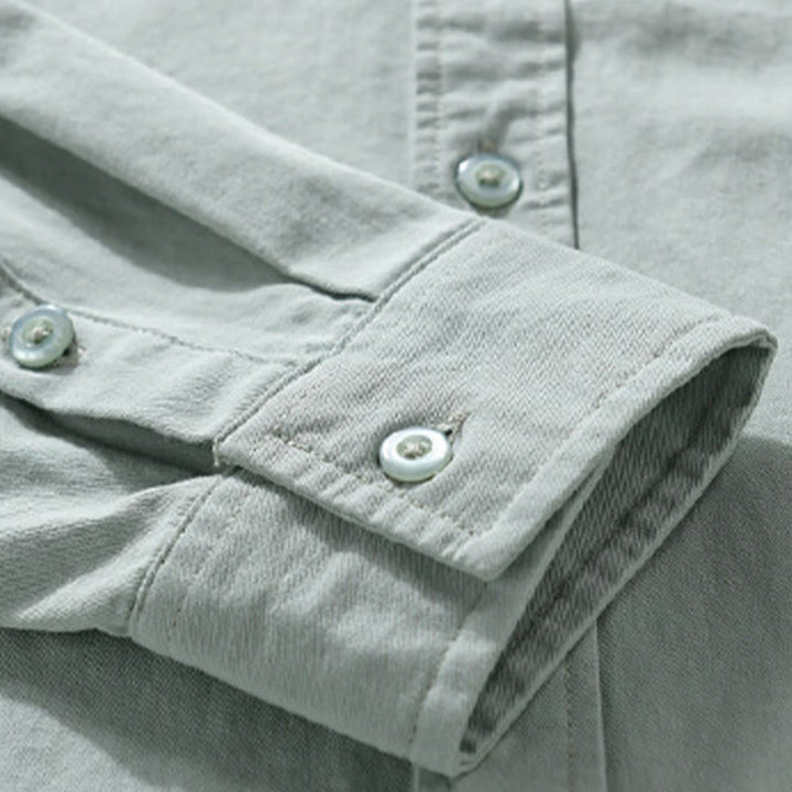 Chemise homme en coton à manches longues, col montant, motif Buddha Stones, boutonnée, avec poche décorative. - image 3