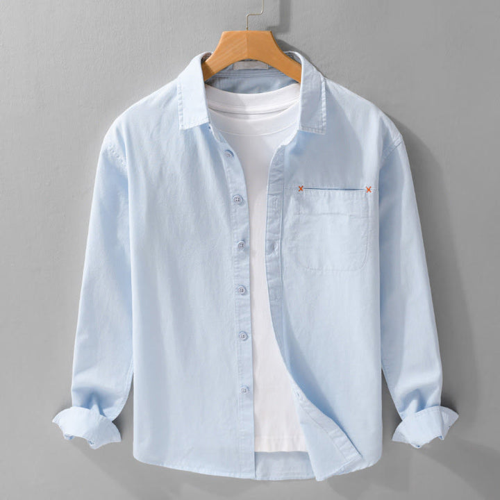 Chemise en coton à manches longues et col montant, ornée de boutons et d'une poche décorative, avec Buddha Stones et boutons décoratifs. - Bleu clair - US/UK/AU42，EU52 (3XL) - image 0