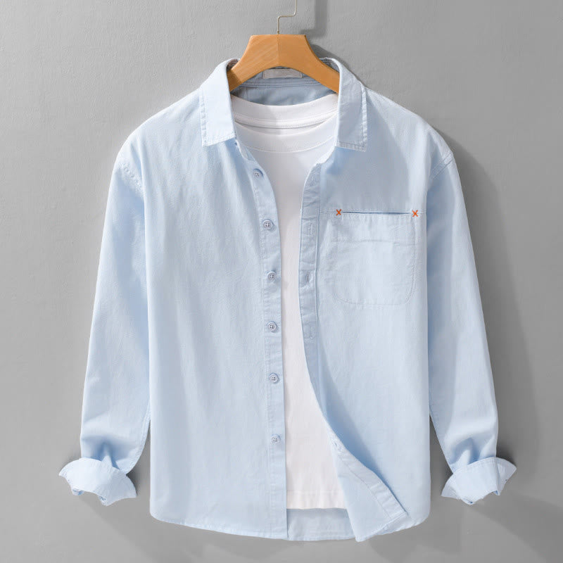 Chemise en coton à manches longues et col montant, ornée de boutons et d'une poche décorative, avec Buddha Stones et boutons décoratifs. - Bleu clair - US/UK/AU42，EU52 (3XL) - image 0