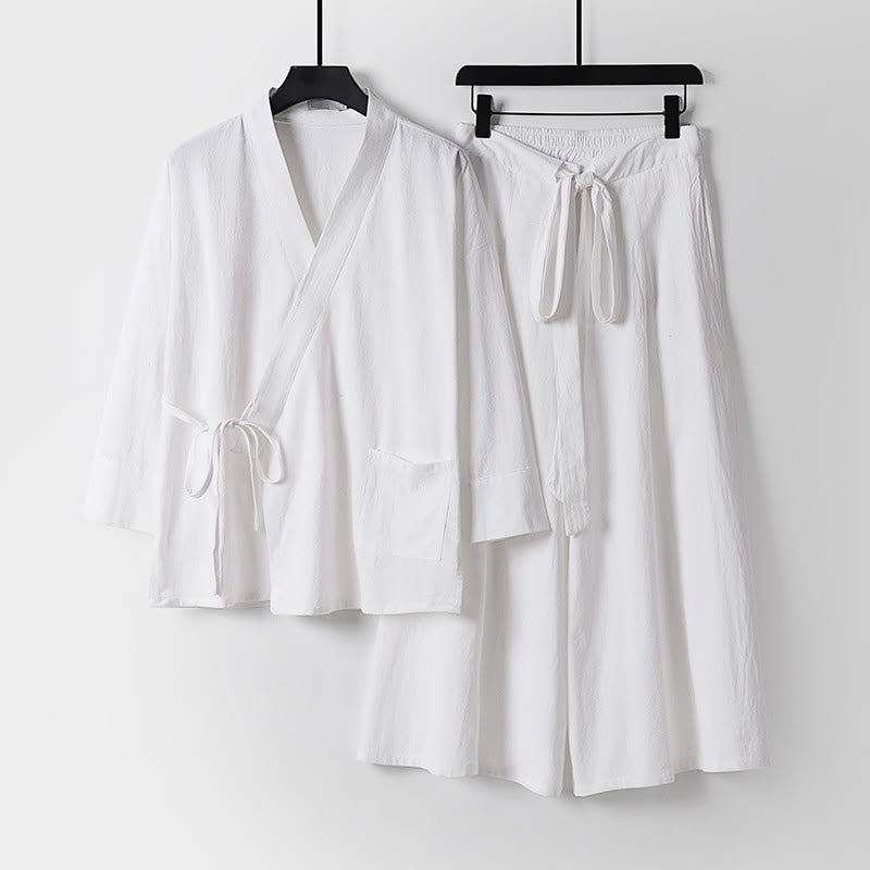 Ensemble kimono d'automne en coton à lacets, pantalon large longueur cheville avec poches, 2 pièces , Buddha Stones - Blanc - US/UK/AU54，EU64 (9XL) - image 17