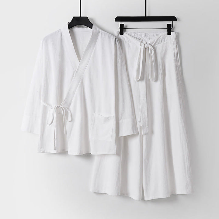 Ensemble kimono d'automne en coton à lacets, pantalon large longueur cheville avec poches, 2 pièces , Buddha Stones - Blanc - US/UK/AU54，EU64 (9XL) - image 17