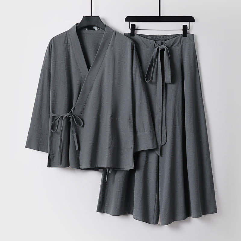 Ensemble kimono d'automne en coton à lacets, pantalon large longueur cheville avec poches, 2 pièces , Buddha Stones - Gris - US/UK/AU54，EU64 (9XL) - image 0