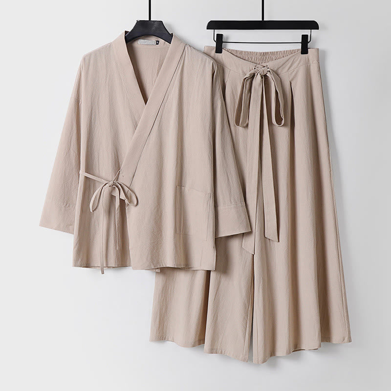 Ensemble kimono d'automne en coton à lacets, pantalon large longueur cheville avec poches, 2 pièces , Buddha Stones - Beige - US/UK/AU54，EU64 (9XL) - image 12