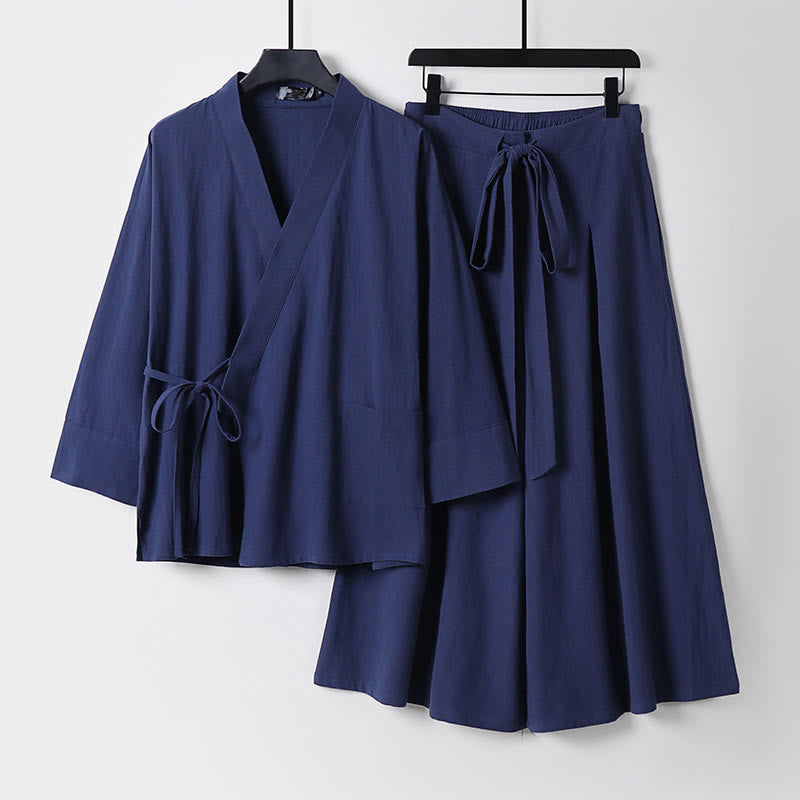 Ensemble kimono d'automne en coton à lacets, pantalon large longueur cheville avec poches, 2 pièces , Buddha Stones - SteelBlue - US/UK/AU54，EU64 (9XL) - image 8