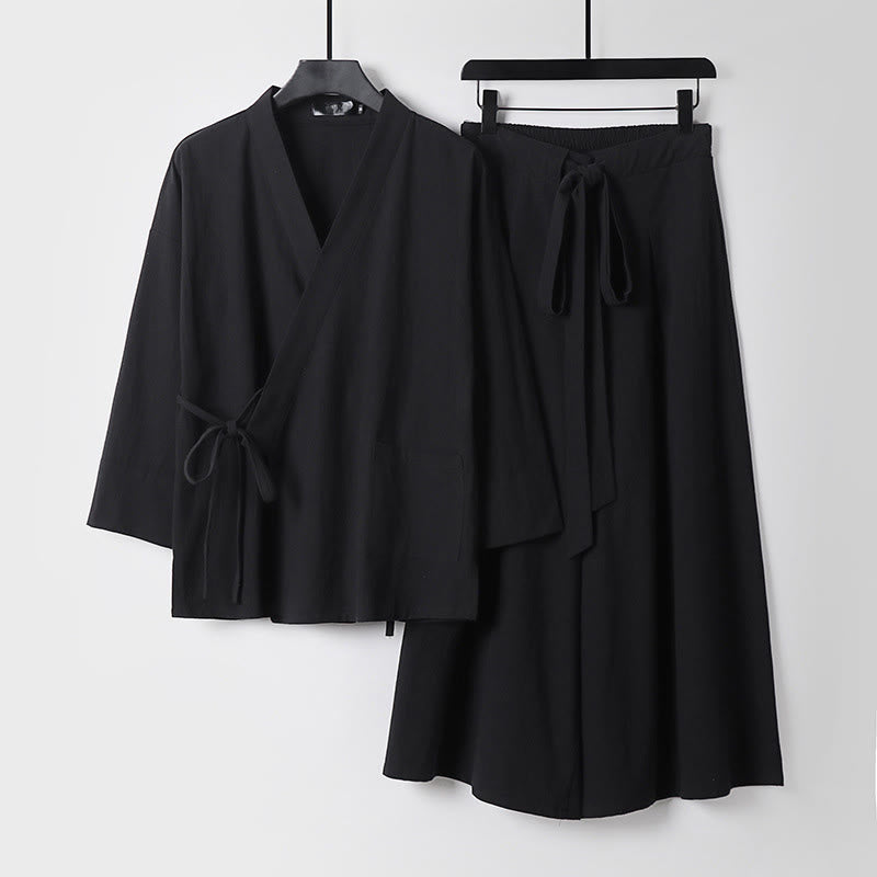 Ensemble kimono d'automne en coton à lacets, pantalon large longueur cheville avec poches, 2 pièces , Buddha Stones - Noir - US/UK/AU54，EU64 (9XL) - image 4