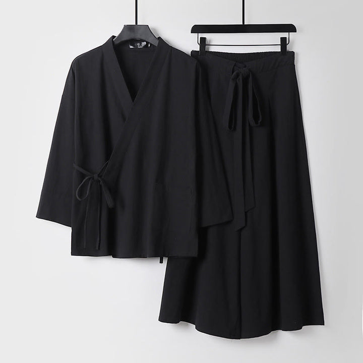 Ensemble kimono d'automne en coton à lacets, pantalon large longueur cheville avec poches, 2 pièces , Buddha Stones - Noir - US/UK/AU54，EU64 (9XL) - image 4