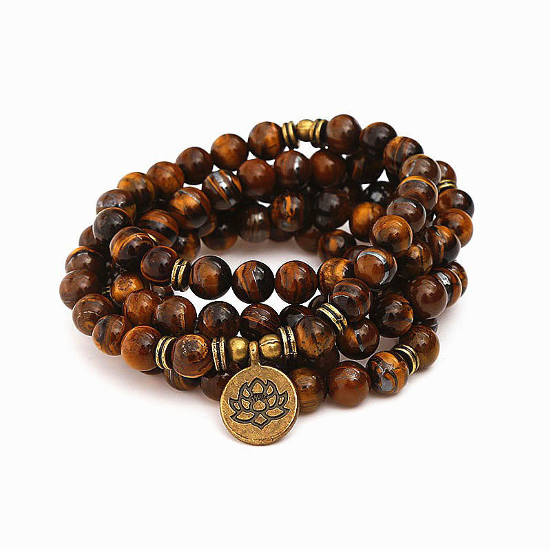 Mala de force en Buddha Stones, symbole du lotus et œil de tigre - Œil de tigre - 8 mm - image 0