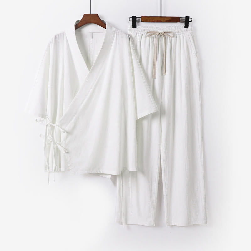 Ensemble kimono d'automne 2 pièces en coton à lacets, manches trois-quarts, pantalon à cordon et poches, avec Buddha Stones - Vêtement de méditation pour homme - Blanc - US/UK/AU54，EU64 (9XL) - image 10