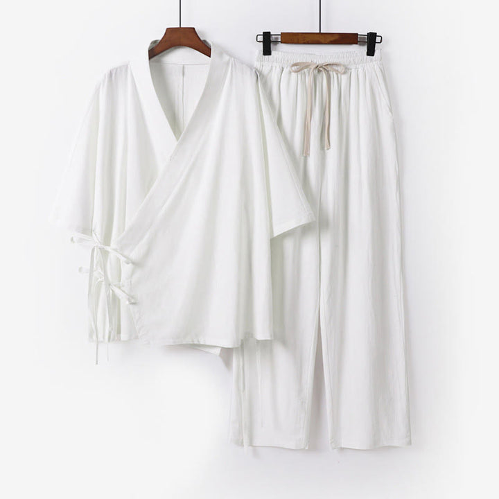 Ensemble kimono d'automne 2 pièces en coton à lacets, manches trois-quarts, pantalon à cordon et poches, avec Buddha Stones - Vêtement de méditation pour homme - Blanc - US/UK/AU54，EU64 (9XL) - image 10