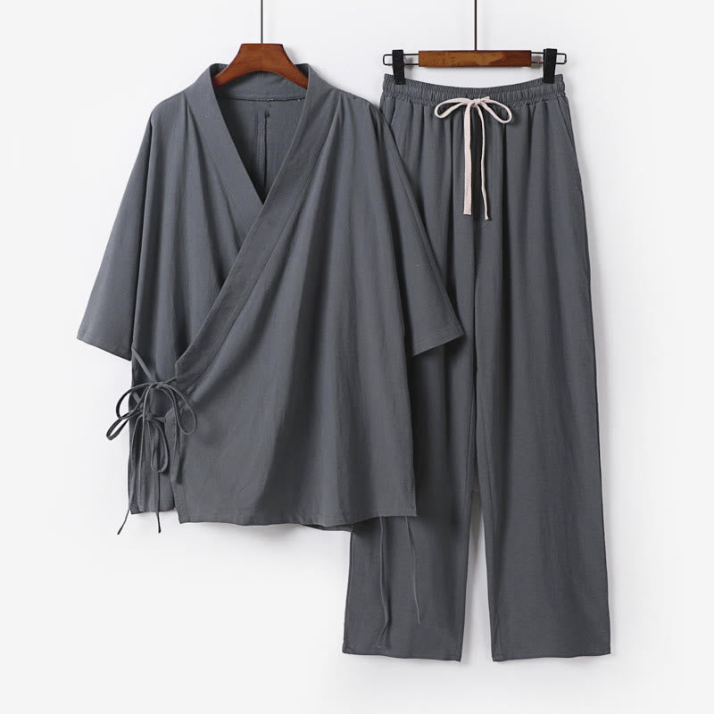 Ensemble kimono d'automne 2 pièces en coton à lacets, manches trois-quarts, pantalon à cordon et poches, avec Buddha Stones - Vêtement de méditation pour homme - Gris - US/UK/AU54，EU64 (9XL) - image 0