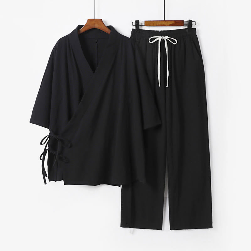 Ensemble kimono d'automne 2 pièces en coton à lacets, manches trois-quarts, pantalon à cordon et poches, avec Buddha Stones - Vêtement de méditation pour homme - Noir - US/UK/AU54，EU64 (9XL) - image 4