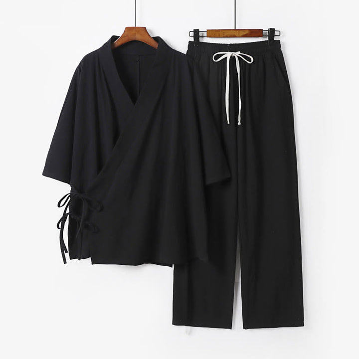 Ensemble kimono d'automne 2 pièces en coton à lacets, manches trois-quarts, pantalon à cordon et poches, avec Buddha Stones - Vêtement de méditation pour homme - Noir - US/UK/AU54，EU64 (9XL) - image 4