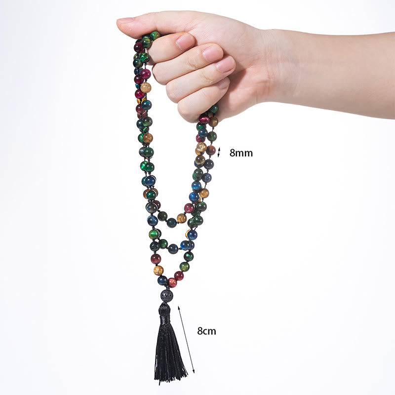 Mala de force à pompon en Buddha Stones multicolores : œil de tigre jaune, œil de tigre vert, œil de tigre bleu, œil de tigre rouge. - image 4