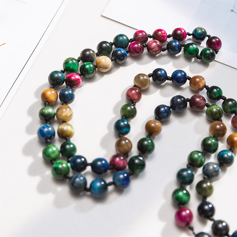 Mala de force à pompon en Buddha Stones multicolores : œil de tigre jaune, œil de tigre vert, œil de tigre bleu, œil de tigre rouge. - image 1