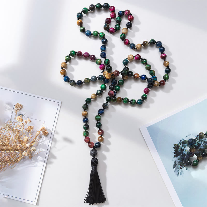 Mala de force à pompon en Buddha Stones multicolores : œil de tigre jaune, œil de tigre vert, œil de tigre bleu, œil de tigre rouge. - Œil de tigre - image 0