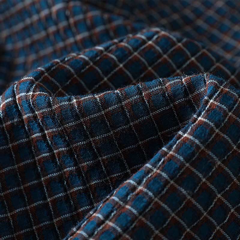 Chemise à manches longues en coton pour femme, motif à carreaux bleus et boutons, ornée de Buddha Stones et d'automne. - image 10