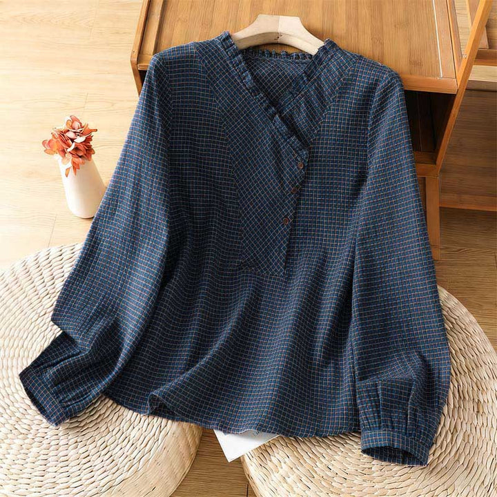 Chemise à manches longues en coton pour femme, motif à carreaux bleus et boutons, ornée de Buddha Stones et d'automne. - SteelBlue - US8-10，UK/AU12-14，EU40-42 (2XL) - image 0