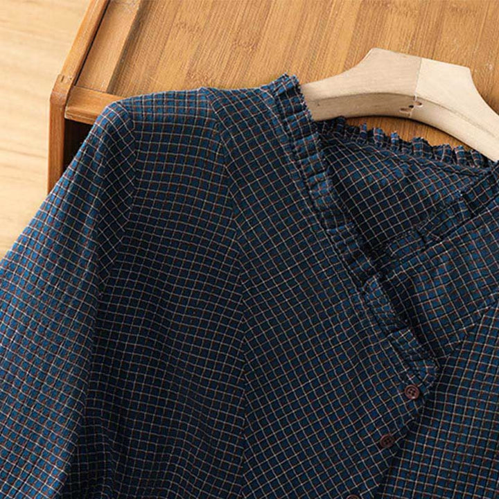 Chemise à manches longues en coton pour femme, motif à carreaux bleus et boutons, ornée de Buddha Stones et d'automne. - image 3