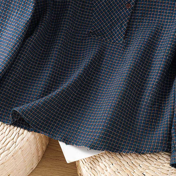 Chemise à manches longues en coton pour femme, motif à carreaux bleus et boutons, ornée de Buddha Stones et d'automne. - image 7