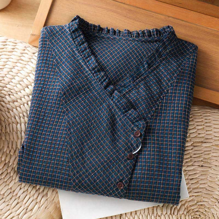 Chemise à manches longues en coton pour femme, motif à carreaux bleus et boutons, ornée de Buddha Stones et d'automne. - image 2