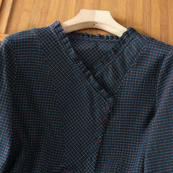 Chemise à manches longues en coton pour femme, motif à carreaux bleus et boutons, ornée de Buddha Stones et d'automne. - image 5