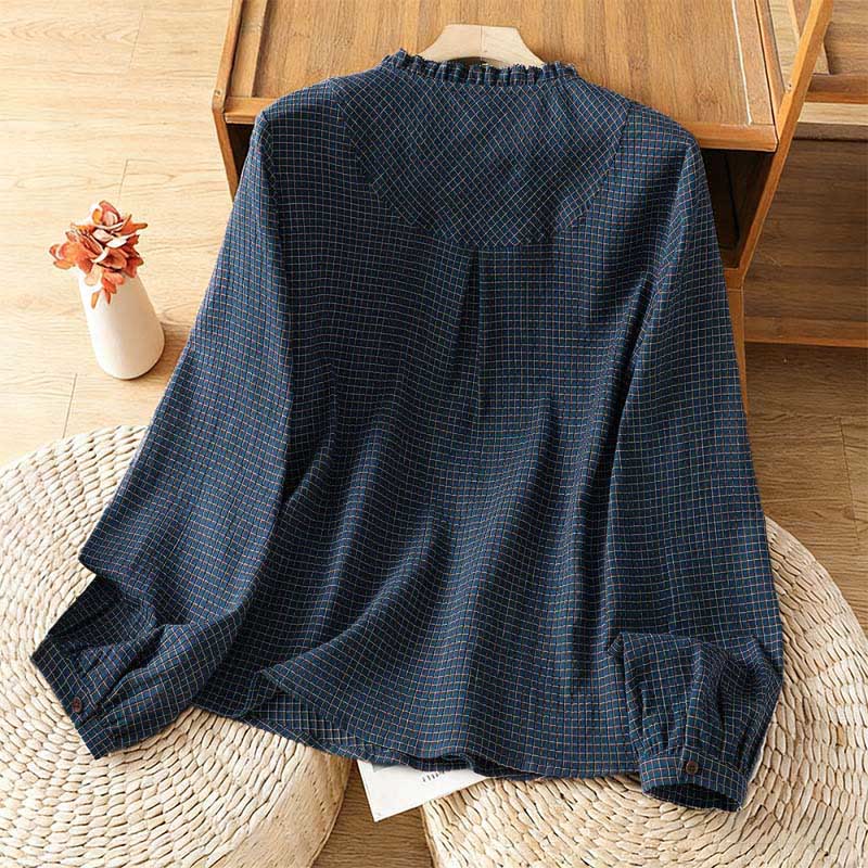 Chemise à manches longues en coton pour femme, motif à carreaux bleus et boutons, ornée de Buddha Stones et d'automne. - image 1