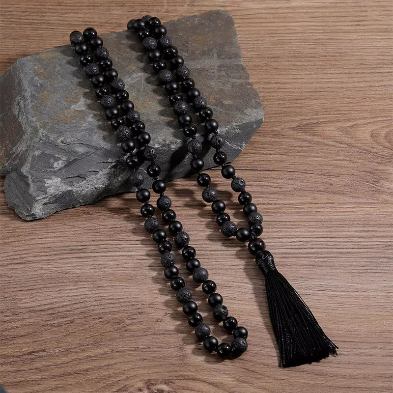 Buddha Stones, onyx noir, pierre de lave, pompon, mala de protection et de fortune - image 0