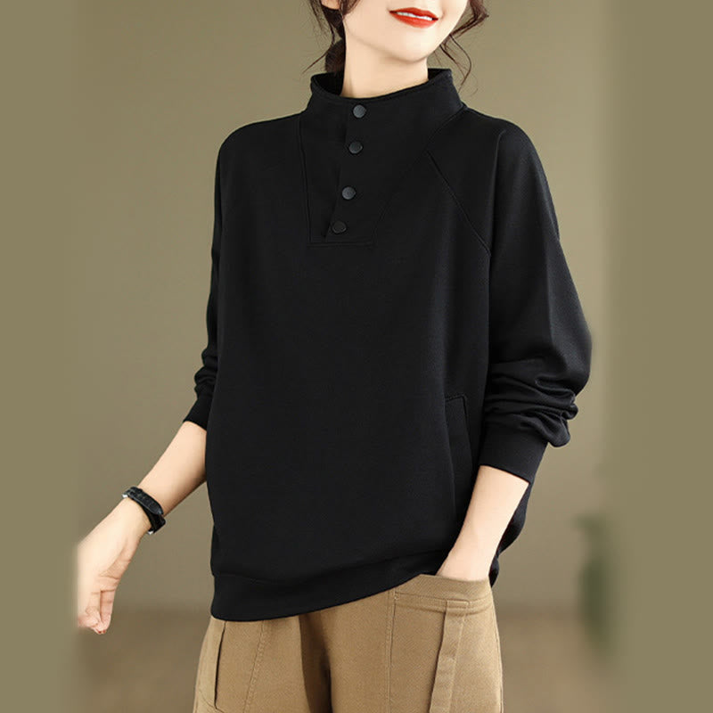 Sweat-shirt en coton à manches longues pour femme, orné de boutons et d'un col montant uni à motif de Buddha Stones - image 1